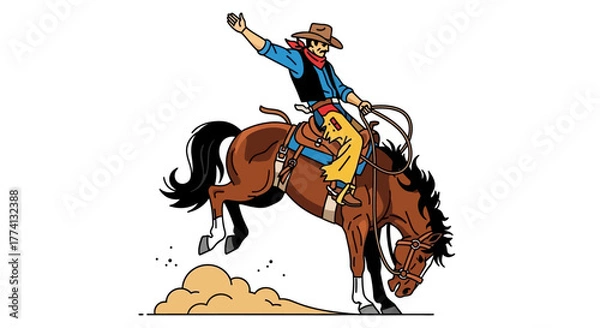 Obraz Cartoon cowboy in a hat and chaps riding a powerful bucking brown bronco horse.