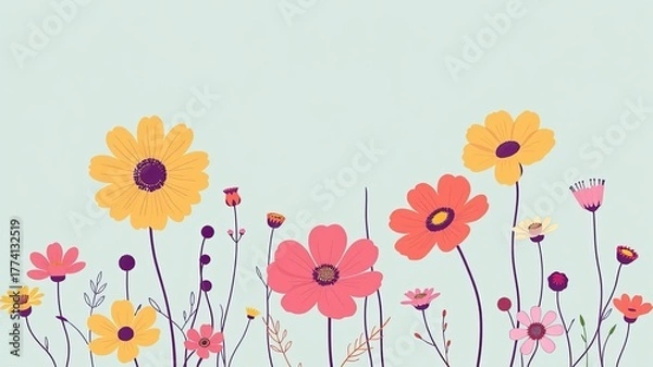 Obraz A charming array of brightly colored flowers with delicate stems are illustrated against a soft, light blue background creating a whical, floral design artfully.