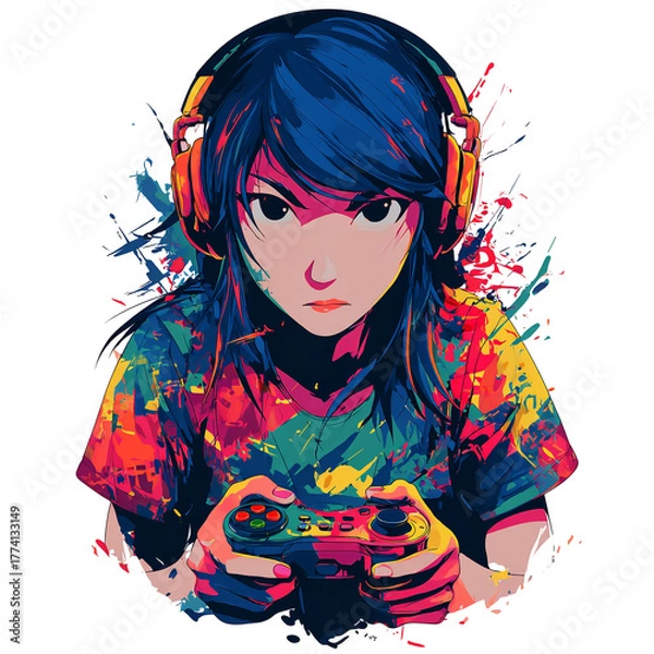 Fototapeta Determined gamer girl immersed in virtual world, controller in hand, isolated on transparent background intense focus in her eyes