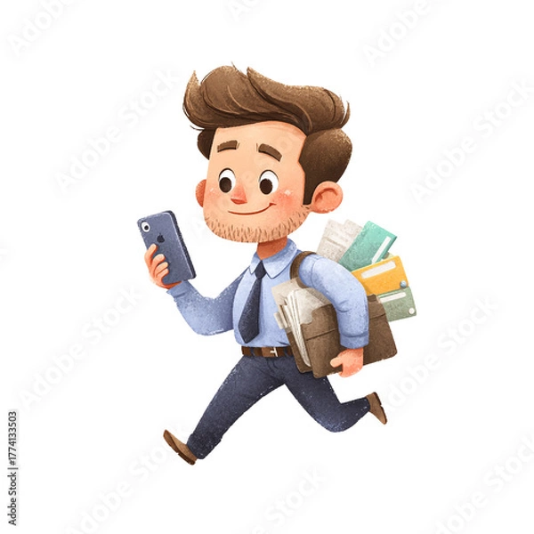 Fototapeta Cartoon office worker running with a phone and documents isolated on transparent background a busy man with a lot of work to do