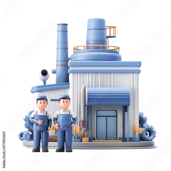 Fototapeta Cartoon factory with two workers standing in front isolated on transparent background manufacturing plant with smokestacks and gears