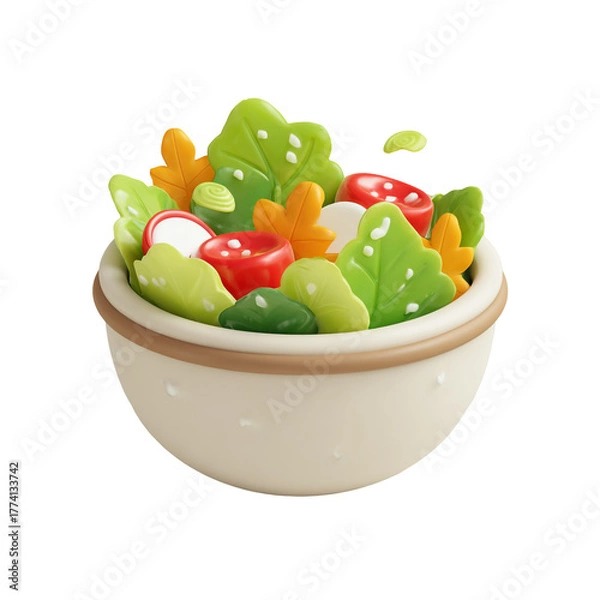 Fototapeta Delicious and healthy cartoon salad in a bowl, isolated on transparent background fresh vegetable mix for a balanced diet