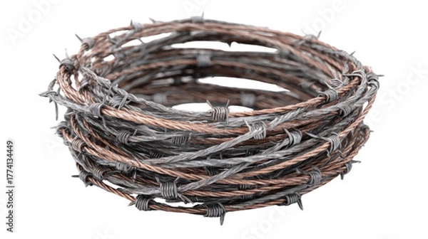Obraz Barbed wire roll used in military zones, coiled tightly, isolated on a Transparent background, PNG file.