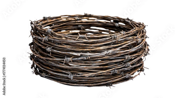 Obraz Barbed wire roll used in military zones, coiled tightly, isolated on a Transparent background, PNG file.