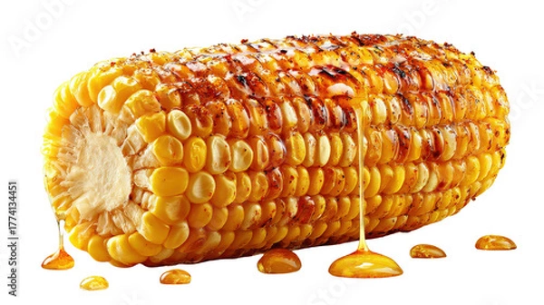 Obraz American grilled corn with seasoning and butter drip, background isolated on a Transparent background, PNG file.
