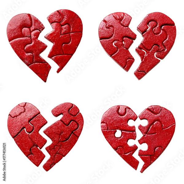Fototapeta Four broken heart puzzles isolated on transparent background, symbolizing heartbreak, relationship issues, and the need for healing
