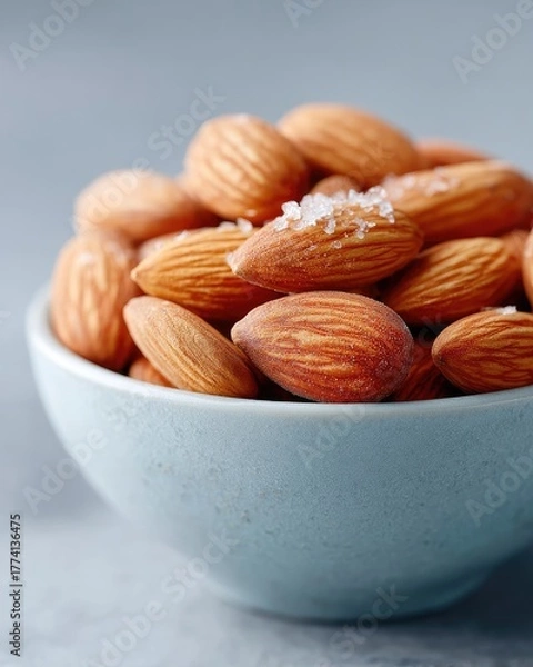 Obraz Macro Close Up Of Almonds In A Light Blue Bowl With Coarse Salt Sprinkled On Top Cinematic HDR Lighting Detailed Texture
