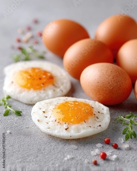 Obraz Macro Close Up Of Fresh Cracked Eggs With Bright Yellow Yolk And Savory Herbs Sprinkled On A Textured Gray Surface With Soft Natural Lighting