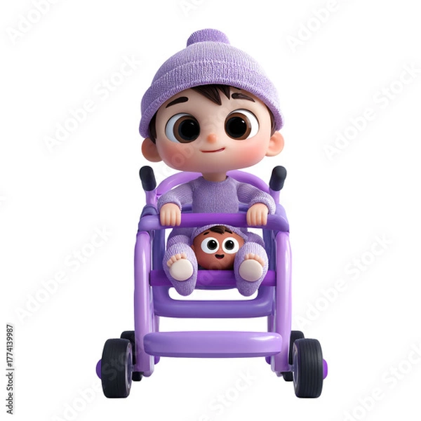 Fototapeta Cartoon baby in purple clothes and hat sitting in a stroller isolated on transparent background cute infant character in a pram