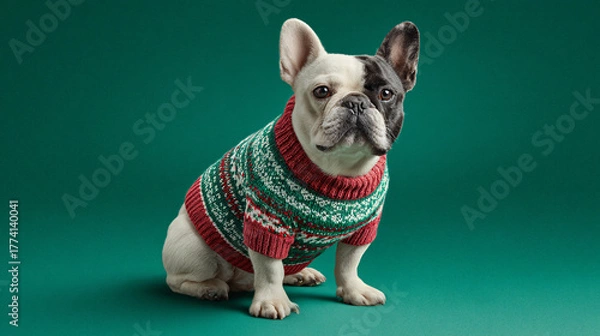 Obraz A charming French bulldog poses with personality, wearing a cozy knitted sweater adorned with festive patterns. The rich colors and warm details evoke a delightful holiday atmosphere
