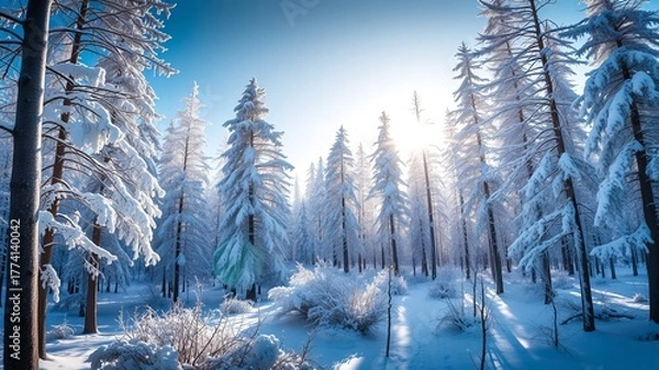 Fototapeta A serene winter wonderland scene showcases snow covered trees bathed in bright sunlight on a beautiful clear day in a magical forest landscape.
