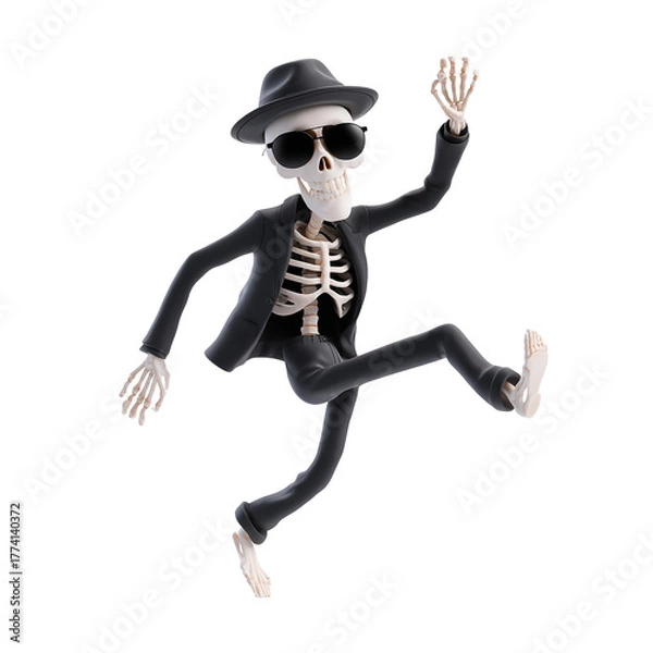 Fototapeta Cartoon skeleton in a suit, hat and sunglasses dancing isolated on transparent background with a cheerful and playful expression
