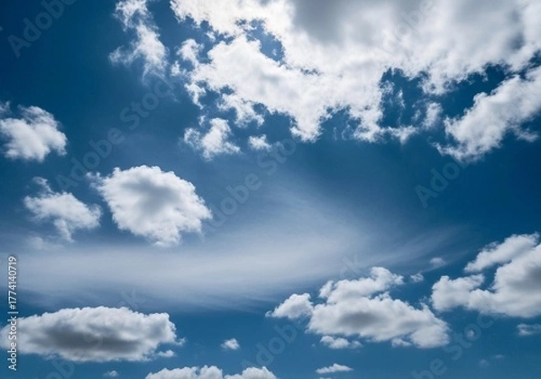 Fototapeta A high-resolution photograph of a bright blue sky filled with soft, fluffy cumulus clouds. The clouds appear voluminous and scattered across the horizon, illuminated by natural sunlight. Captured from