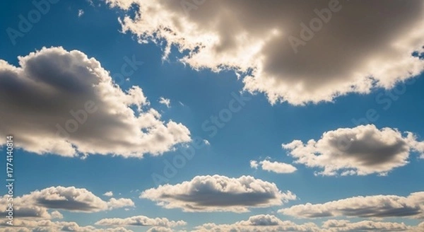 Fototapeta A high-resolution photograph of a bright blue sky filled with soft, fluffy cumulus clouds. The clouds appear voluminous and scattered across the horizon, illuminated by natural sunlight. Captured from