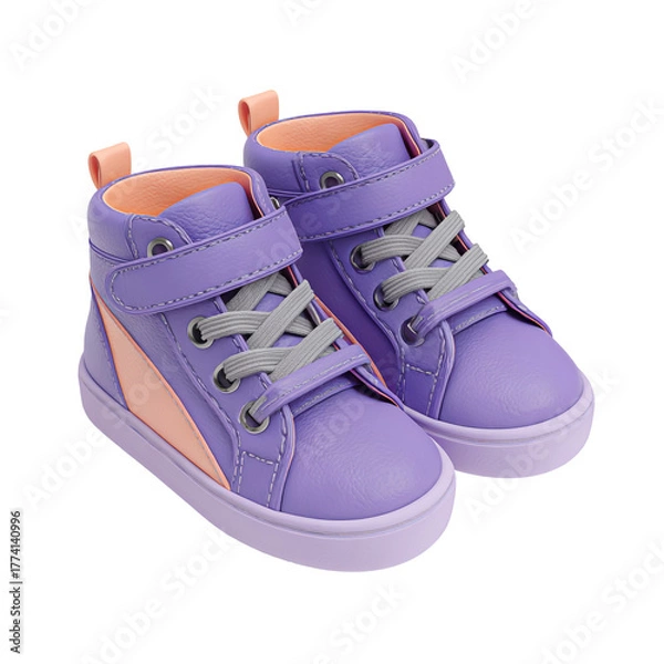 Fototapeta Stylish pair of purple hightop sneakers, perfect footwear for kids, isolated on transparent background, blending fashion and comfort