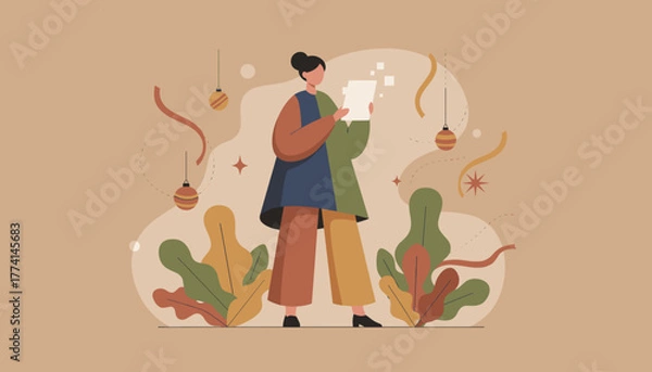 Obraz Modern flat vector of woman checking a document surrounded by abstract creative holiday elements