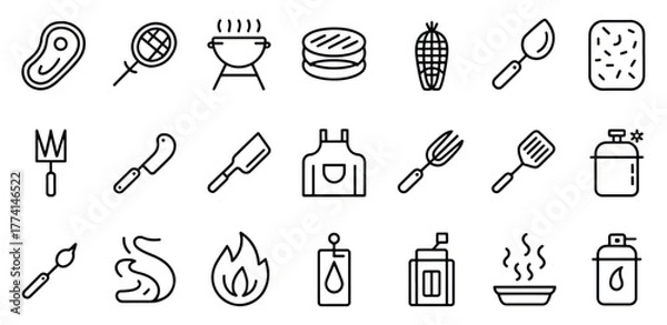 Fototapeta Barbecue and grilling icon set in minimalist line art style illustration for website or app design and cooking blog