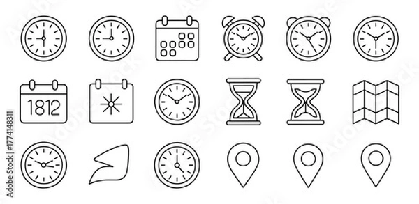 Fototapeta Collection of Time and Location Icons Vector Graphic Outline Style Depicting Time Management and Travel Essentials