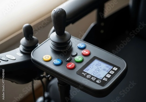 Obraz Close-up detail of powered wheelchair joystick control interface