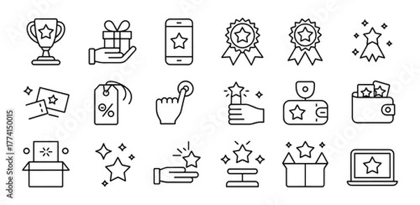 Fototapeta Set of Loyalty Program Line Icons Rewards Benefits and Customer Experience Vector Concept for Promotional Marketing