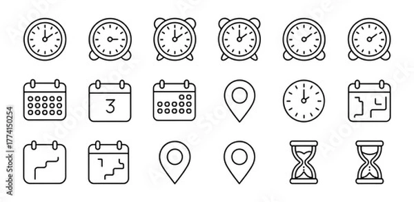 Fototapeta Time management icons for productivity planning including clocks calendar location pins and hourglass designs offering scheduling and reminders