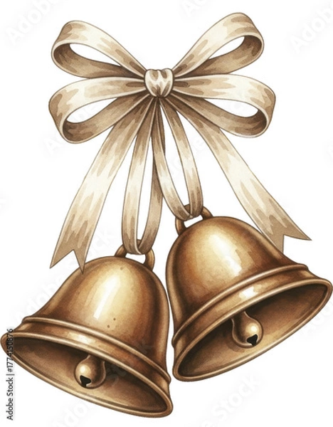 Fototapeta  New Year Golden Bells with Watercolor Ribbon Bow on a Transparent Background PNG Image