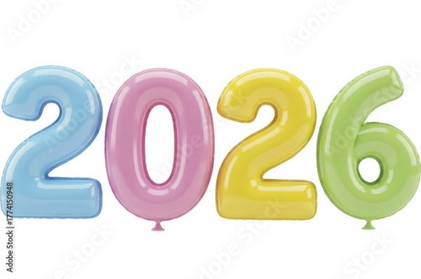 Fototapeta Colorful inflatable balloon style 2026 numbers for new year celebration on a transparent background PNG image