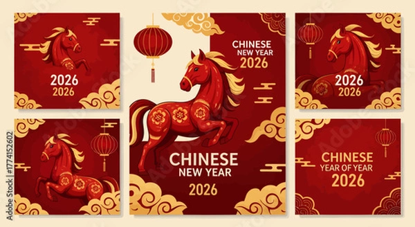 Fototapeta Chinese New Year 2026 horse themed graphic design set with red and gold colors.