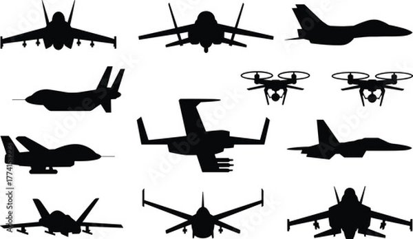 Fototapeta Aircraft silhouette icon set, fighter jet and drone shapes, military aviation visual, aerial vehicle grid, tactical flight design, vector style