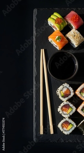 Fototapeta Assorted Sushi Rolls with Soy Sauce and Chopsticks on Black Slate Plate in Minimalist Style