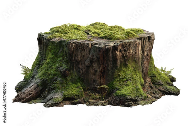 Fototapeta Old moss covered tree stump with ferns on black background green nature, Isolated On Transparent Background, Png Cut Out