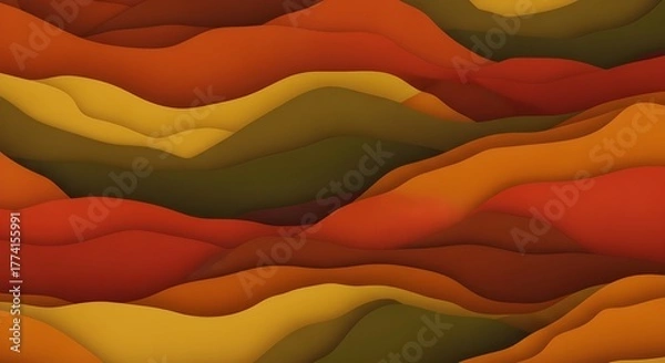 Fototapeta Rich, layered paper cut illustration with undulating wave shapes in a palette of warm autumnal colors, including deep red, burnt orange, and golden yellow. Excellent backdrop for seasonal marketing.