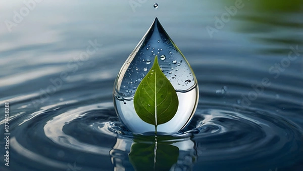Fototapeta Close-up of a perfect water drop holding a single green leaf reflection, about to splash into a body of water, symbolizing environmental purity and sustainability