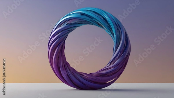 Fototapeta Abstract 3D rendering of a twisted torus with a vibrant metallic gradient of purple and blue, symbolizing infinity and modern digital art on a soft background