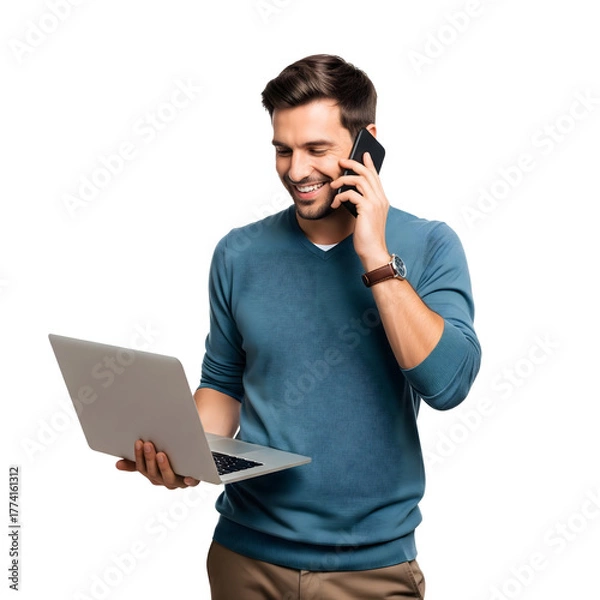 Obraz A man in a casual sweater smiles as he uses laptop while speaking on a phone. The man appears focused and engaged in a phone call, isolated on transparent background