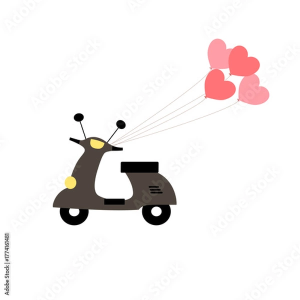Fototapeta Cute Scooter with Heart Balloons Vector for Romantic Design