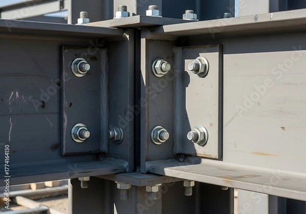 Fototapeta Metallic construction with bolted steel beams, robust engineering structure