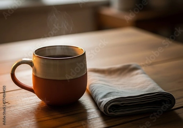 Fototapeta Morning serenity steaming beverage next to a folded linen on wooden table