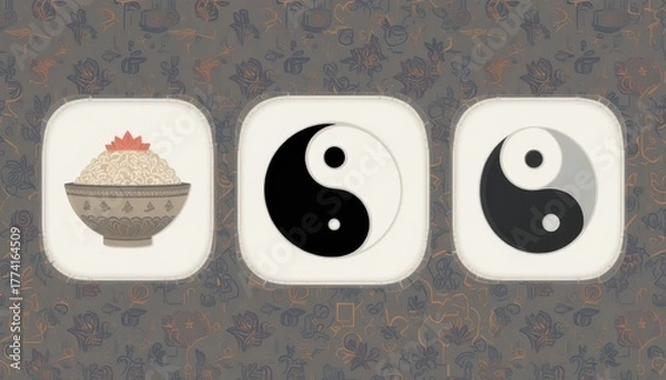 Fototapeta Decorative Yin Yang Symbols with Traditional Bowl of Rice on Ornamental Background