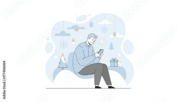 Fototapeta Lonely man using phone in winter setting Holiday depression and social media anxiety concept
