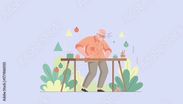 Fototapeta Frustrated senior man struggling with stress while preparing holiday gifts Flat vector illustration