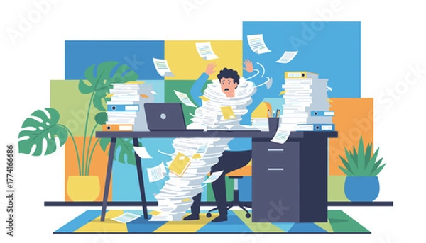 Fototapeta Cartoon worker drowning in paper tornado Excessive workload stress and bureaucracy concept