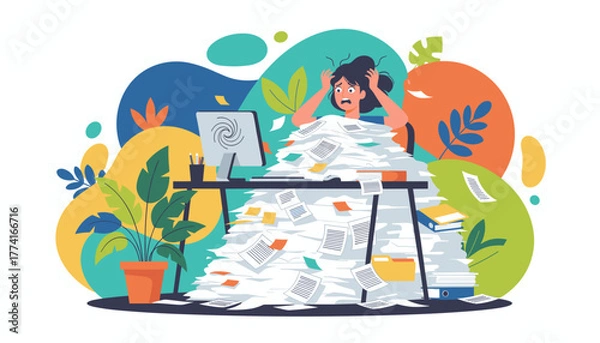 Obraz Overwhelmed woman stressed by huge paper pile at desk Deadline pressure and burnout