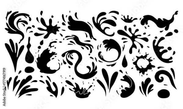 Obraz A collection of various stylized black ink splashes, droplets, and liquid forms, creating a dynamic and abstract design element set.