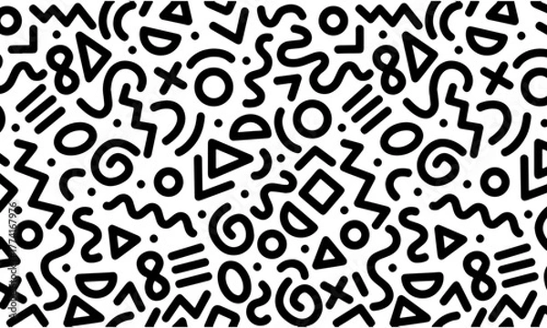 Obraz Black and white abstract pattern featuring geometric shapes and squiggles scattered across a white background.