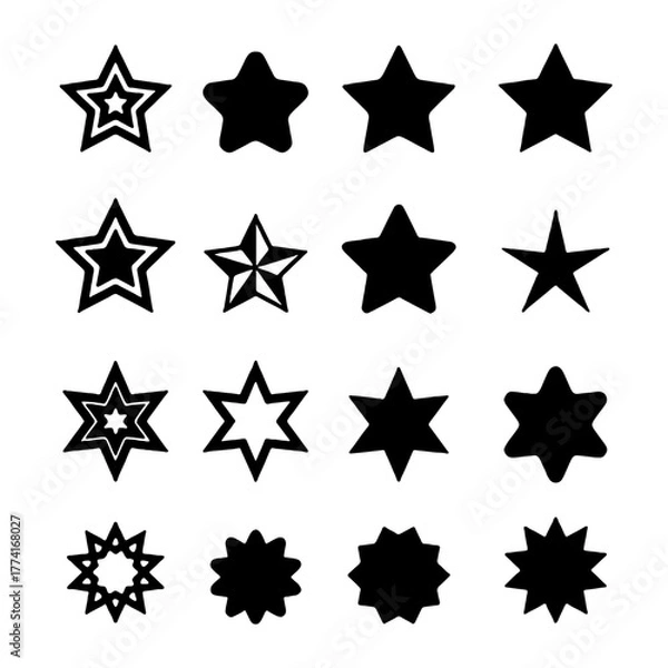 Obraz Collection of sixteen star icons in black and white, showcasing various shapes, styles, and designs.