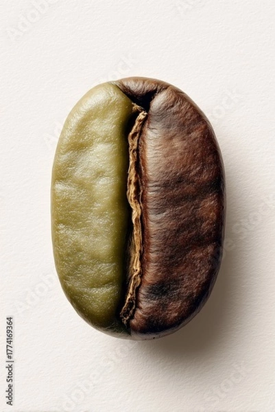 Fototapeta Single coffee bean, half green unroasted, half dark roasted, macro studio shot