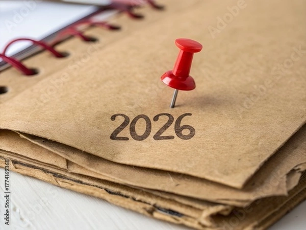 Fototapeta Red pushpin marking the year 2026 on a kraft paper notebook page symbolizing future planning and goals