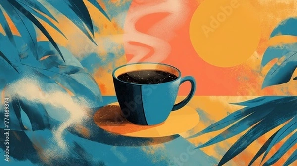 Fototapeta Steaming coffee cup surrounded by tropical leaves, flat abstract art