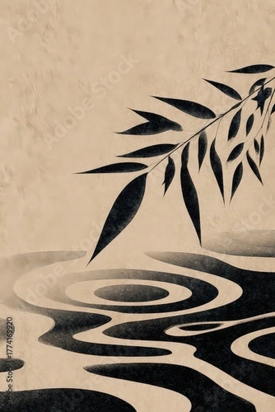 Obraz Elegant Japanese Art Illustration with Black Branch and Ripple Effect on Beige Background